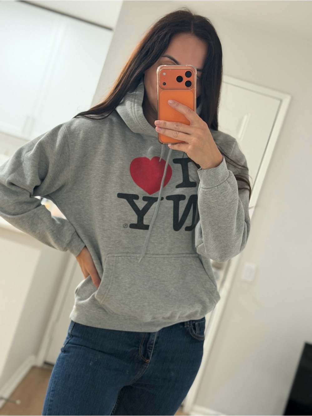 Gray "I ♥ NY" Graphic Hoodie - Women's Casual Pullover